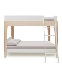 a white bunk bed with a ladder next to it and a pillow on the bottom