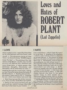 an advertisement for robert plant's led zepplin, with the caption love and hate of robert plant