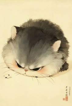 a painting of a gray and white cat with its head resting on top of it's paw