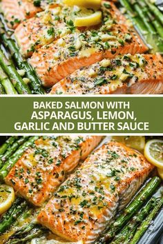 baked salmon with asparagus, lemon, garlic and butter sauce