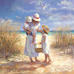 an oil painting of two women on the beach with seagulls in the background