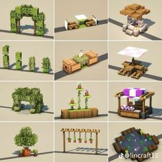 several different types of plants and benches made out of wood