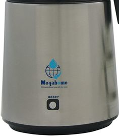 a stainless steel coffee pot with a black handle and blue logo on the side,