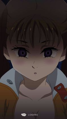 an anime character with big blue eyes and brown hair, staring at the camera while holding a red object in her hand