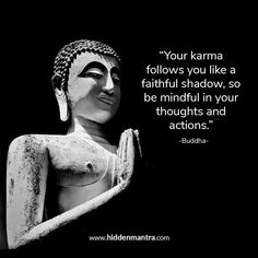 buddha quote on black and white background with buddha statue in the foreground saying your karma follows you like a beautiful shadow, so be mindful