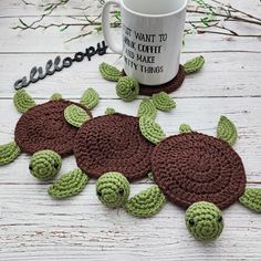 crocheted turtle coasters and coffee cup cozyies