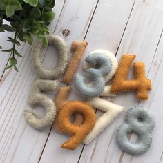 the letters are made out of felt and placed next to a potted plant on a white wooden surface