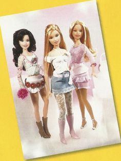 three barbie dolls standing next to each other in front of a yellow background with text