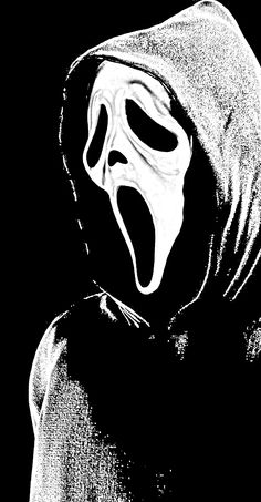 a black and white photo of a person wearing a hooded hoodie with an open mouth