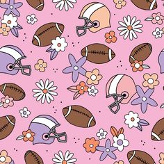 a pink background with footballs and flowers on it