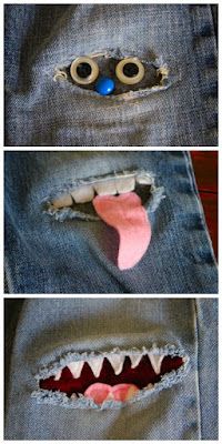 three pictures of the inside of a pair of jeans with fake teeth and tongues