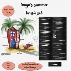 a drawing of a red beach hut with palm trees and other things labeled in it