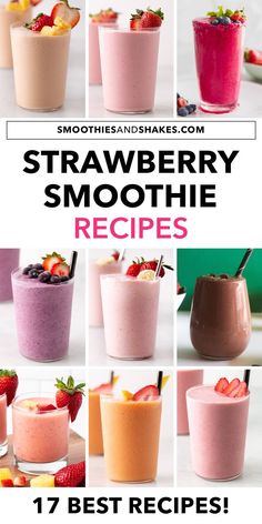 smoothie recipe book with images of different smoothies in glasses and strawberries on the side