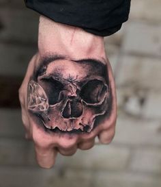 a man's hand with a skull tattoo on it