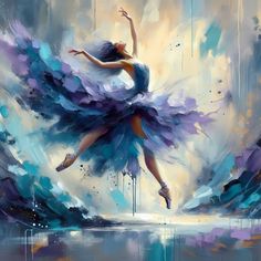 a painting of a ballerina in the air with blue and purple paint on it