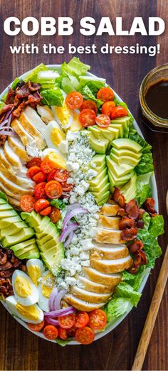 an image of a salad with dressing on the side and text that reads cobb salad with the best dressing