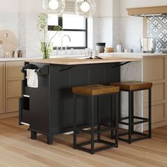 Enhance your kitchen space with this versatile Farmhouse Kitchen Island Set with a drop-leaf tabletop and two included seating stools. Drop Leaf Kitchen Island, Black Kitchen Table, Kitchen Bar Table, Rolling Kitchen Island, Kitchen Island Table, Kitchen Island Cart, Farmhouse Kitchen Island, Kitchen Island With Seating, Dining Stools