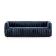 a blue velvet sofa with pleated back and arms, viewed from the front on an isolated white background