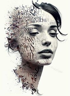 a woman's face with many words all over her body and the word love written on it