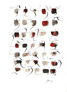 an abstract painting with red and gray shapes on white paper, in the shape of circles