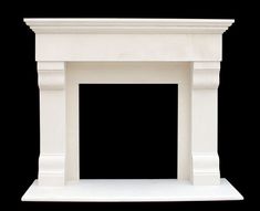 a white fireplace is shown against a black background