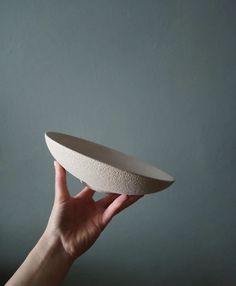 a hand holding a white bowl in front of a gray wall with blue walls behind it