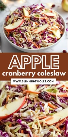 an apple cranberry coleslaw salad with apples and cranberries in the background