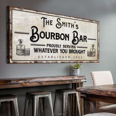 an old fashioned bar sign hangs on the wall above a table with stools in front of it