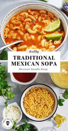 a bowl of mexican soup with tortilla noodles and cilantro on the side