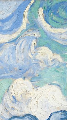 an abstract painting with blue, white and green waves in the sky on canvase paper