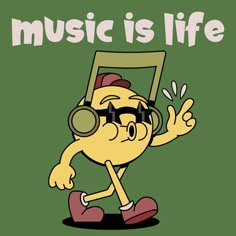 an image of a cartoon character with headphones on and the words music is life