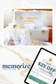 an ad for the memoryize website is displayed next to a white suitcase with gold handles