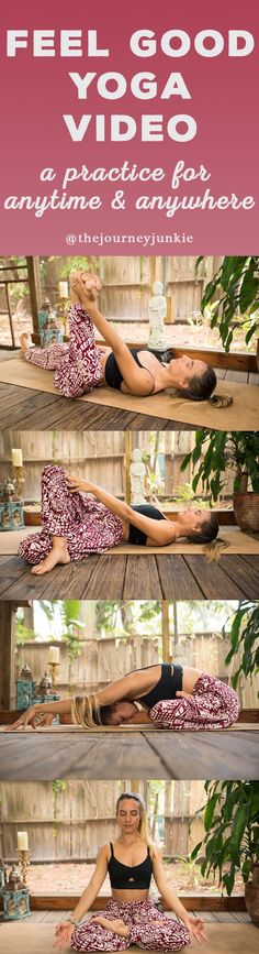 a woman is doing yoga poses on a wooden floor with the words feel good video above her