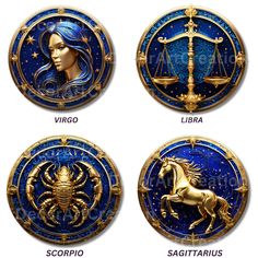 four zodiac signs in gold, blue and white with the names virgo, libra, scorp, sagitarius