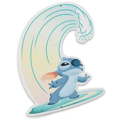 a cartoon character riding a surfboard on a wave in front of a white background