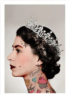 a woman with tattoos and a tiara on her head