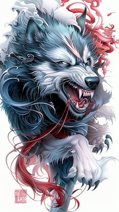 a wolf with its mouth open and his teeth painted red, white and blue on it's face