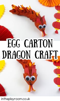 an egg carton dragon craft with paper leaves and googly eyes on the side