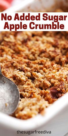 no added sugar apple crumble in a white baking dish with a serving spoon on the side