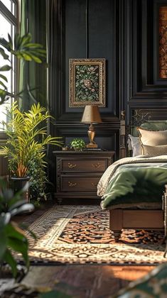 a bedroom with black walls and green plants in the corner, along with an ornately decorated bed