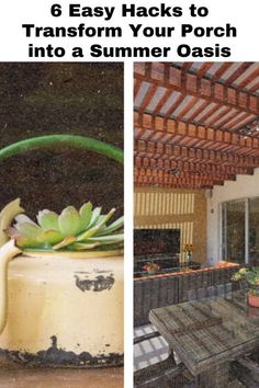 an outdoor dining area with potted plants on the table and patio furniture in the background