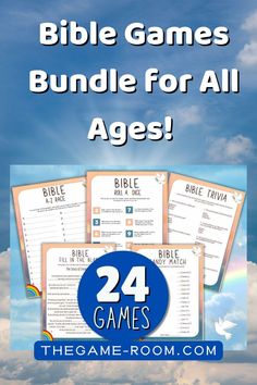 the bible games bundle for all ages is shown with text overlaying it, and four