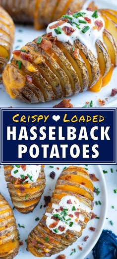 baked potato loaded with cheese and bacon is on a white plate next to the words, easy loaded hasselback potatoes