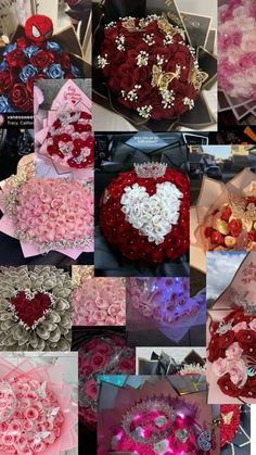 many different pictures of flowers and hearts in the shape of heart shaped boxes with ribbons on them