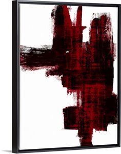 an abstract painting with red and black paint on white paper, framed in wood frame