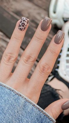 Taupe Leopard Nails, Fall Nail Colors With Accent Nail, Fall Color Shellac Nails, 2023 Fall Nails Short, Fall Nail Designs 2023 Square, Fall Lepord Print Nails, Fall Nails 2023 Trends Dip, Neutral Leopard Nails, Latte Nail Ideas