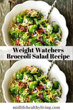 two white bowls filled with broccoli salad on top of a wooden table