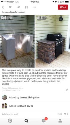 the before and after photos of an outdoor kitchen on facebook, with text added to it