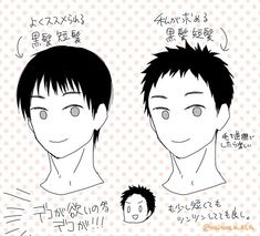 an anime character's face with different expressions and haircuts on the side