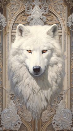 a painting of a white wolf's face in front of a decorative wall panel